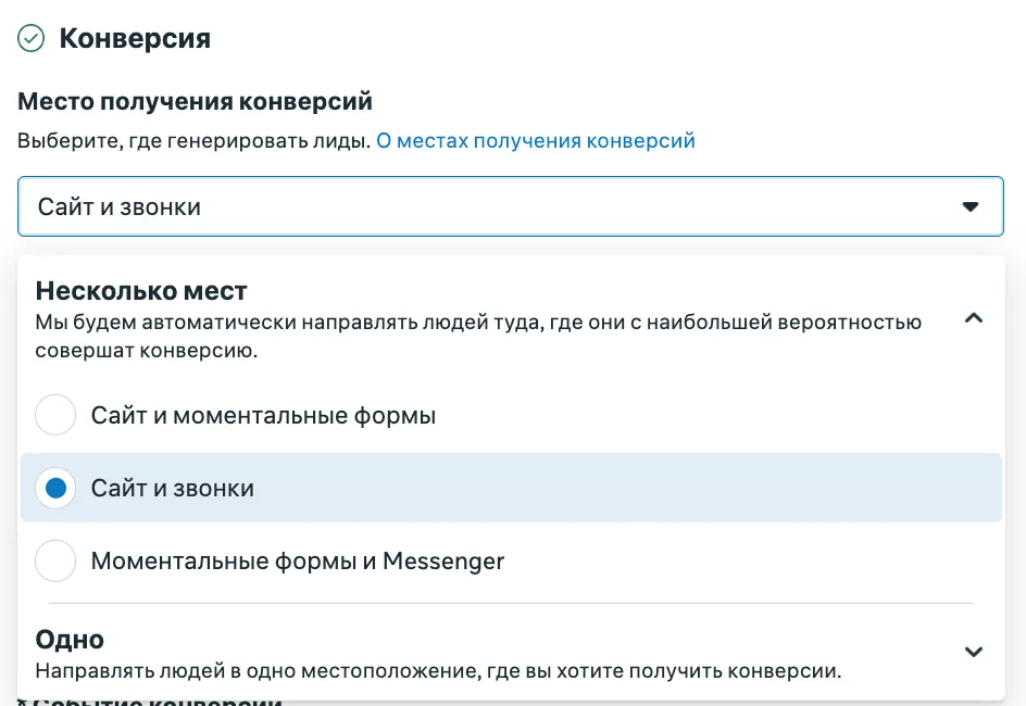 Выбор места получения конверсий для цели Лиды